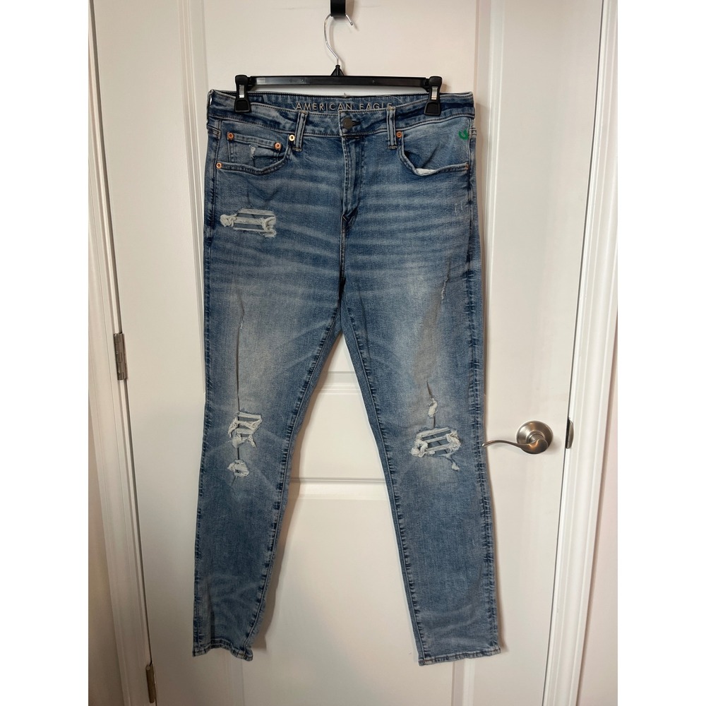 American Eagle AirFlex+ Skinny Distressed Jeans Mens 34x34 Blue Ripped Denim
